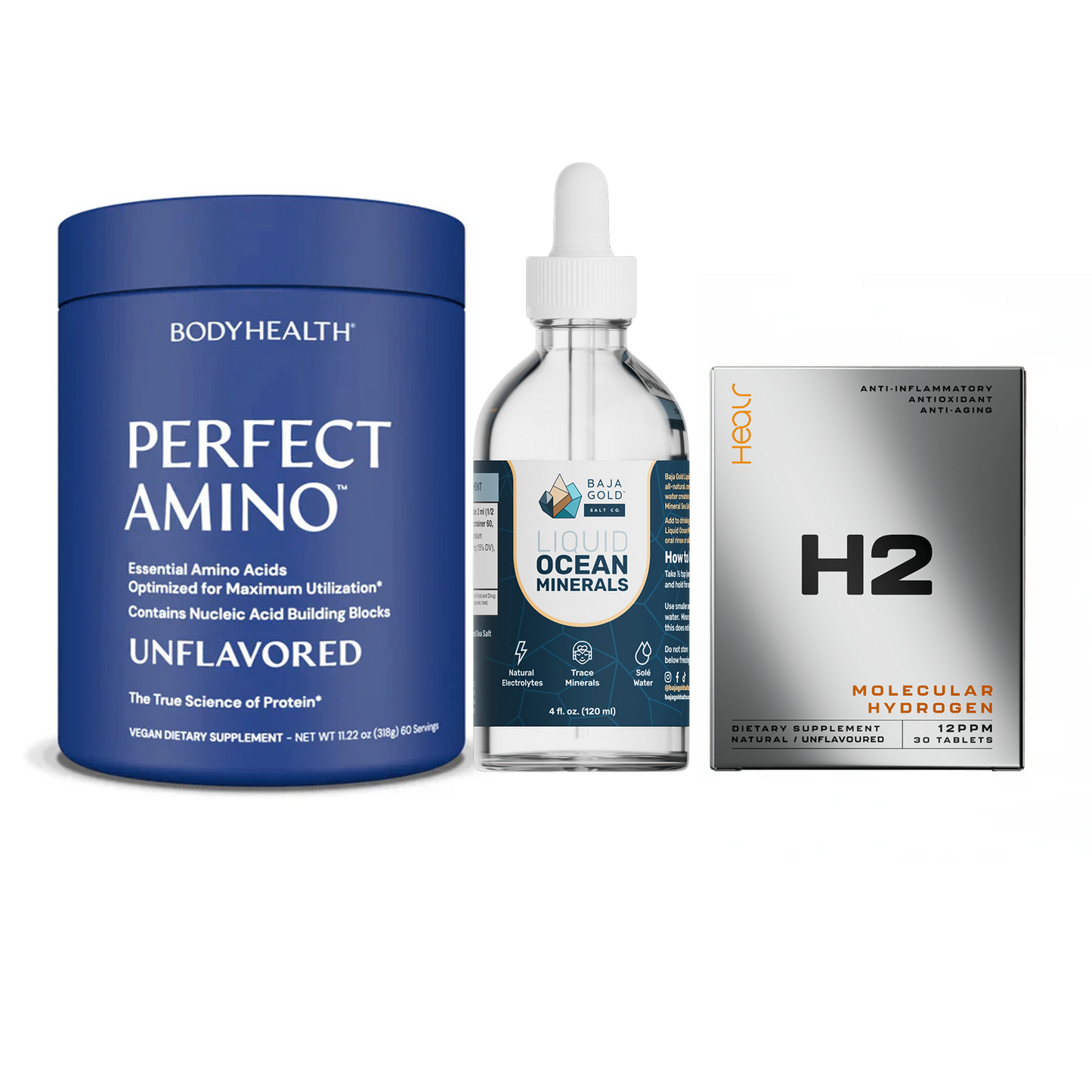 The Ultimate Stack – Perfect Amino® Powder, Liquid Minerals & H2 Tablets Unflavoured - Lightly Sweetened / 60 Servings / Unflavoured
