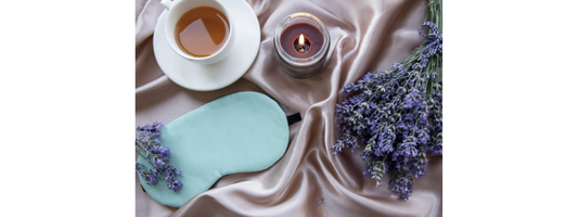 Calm night-time sleep routine with magnesium, a warm drink and sleep-support supplements beside a bed.