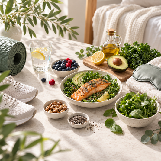 Healthy lifestyle foods and wellness essentials supporting Omega-3 balance, sleep, movement and healthy ageing