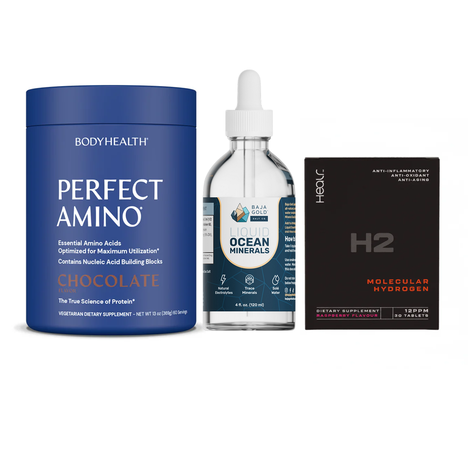 The Ultimate Stack – Perfect Amino® Powder, Liquid Minerals & H2 Tablets Chocolate / 60 Servings / Raspberry