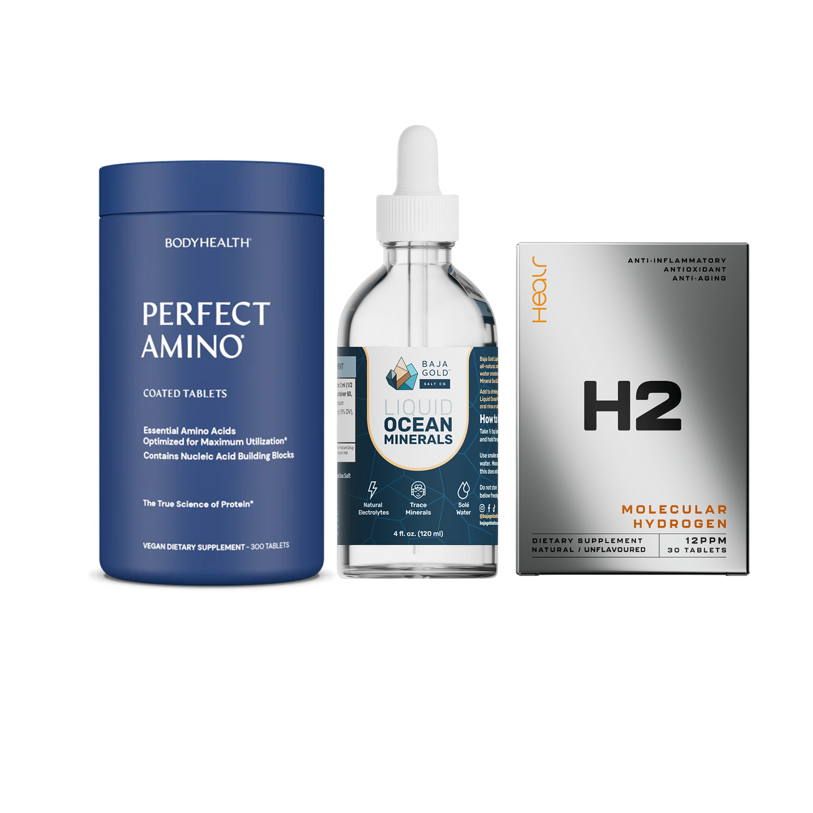 The Ultimate Stack – Perfect Amino® Tablets, Liquid Minerals & H2 Tablets Coated / 300 Tablets (60 Servings) / Unflavoured