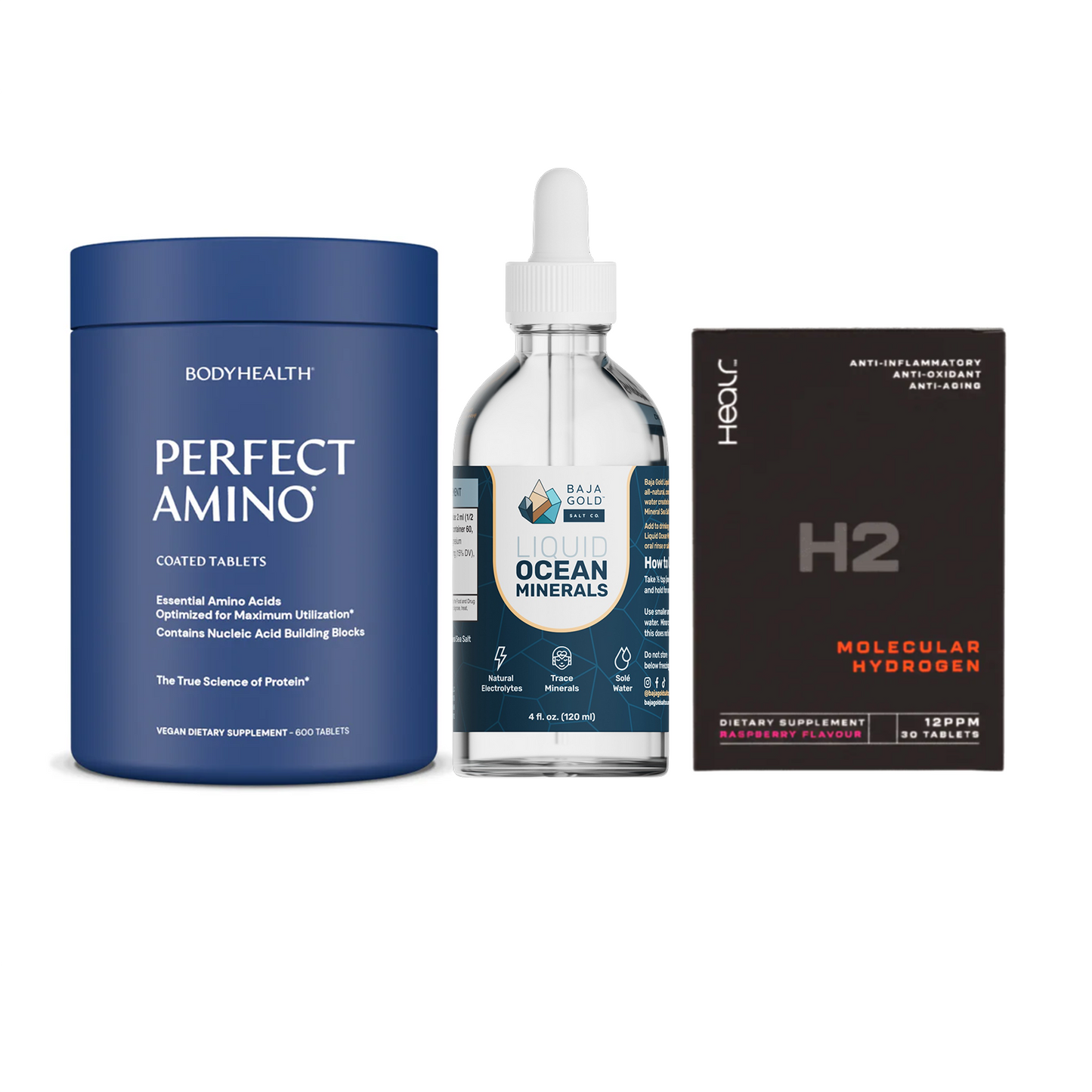The Ultimate Stack – Perfect Amino® Tablets, Liquid Minerals & H2 Tablets Coated / 600 Tablets (120 Servings) / Raspberry