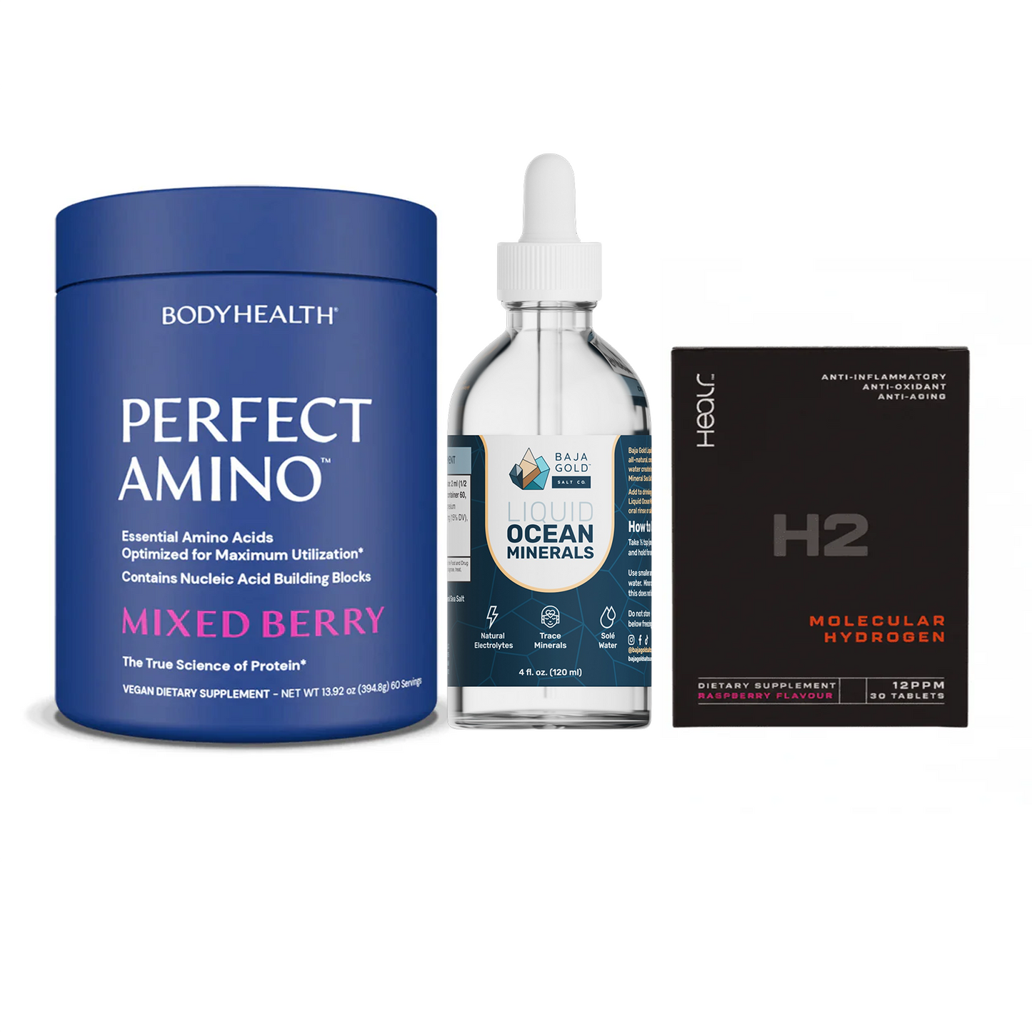 The Ultimate Stack – Perfect Amino® Powder, Liquid Minerals & H2 Tablets Mixed Berry / 60 Servings / Raspberry