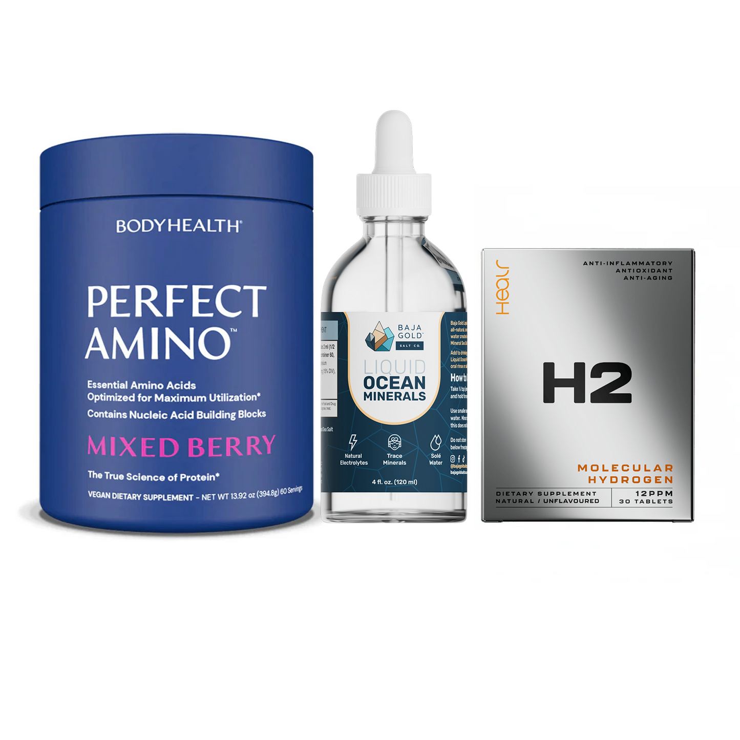 The Ultimate Stack – Perfect Amino® Powder, Liquid Minerals & H2 Tablets Mixed Berry / 60 Servings / Unflavoured