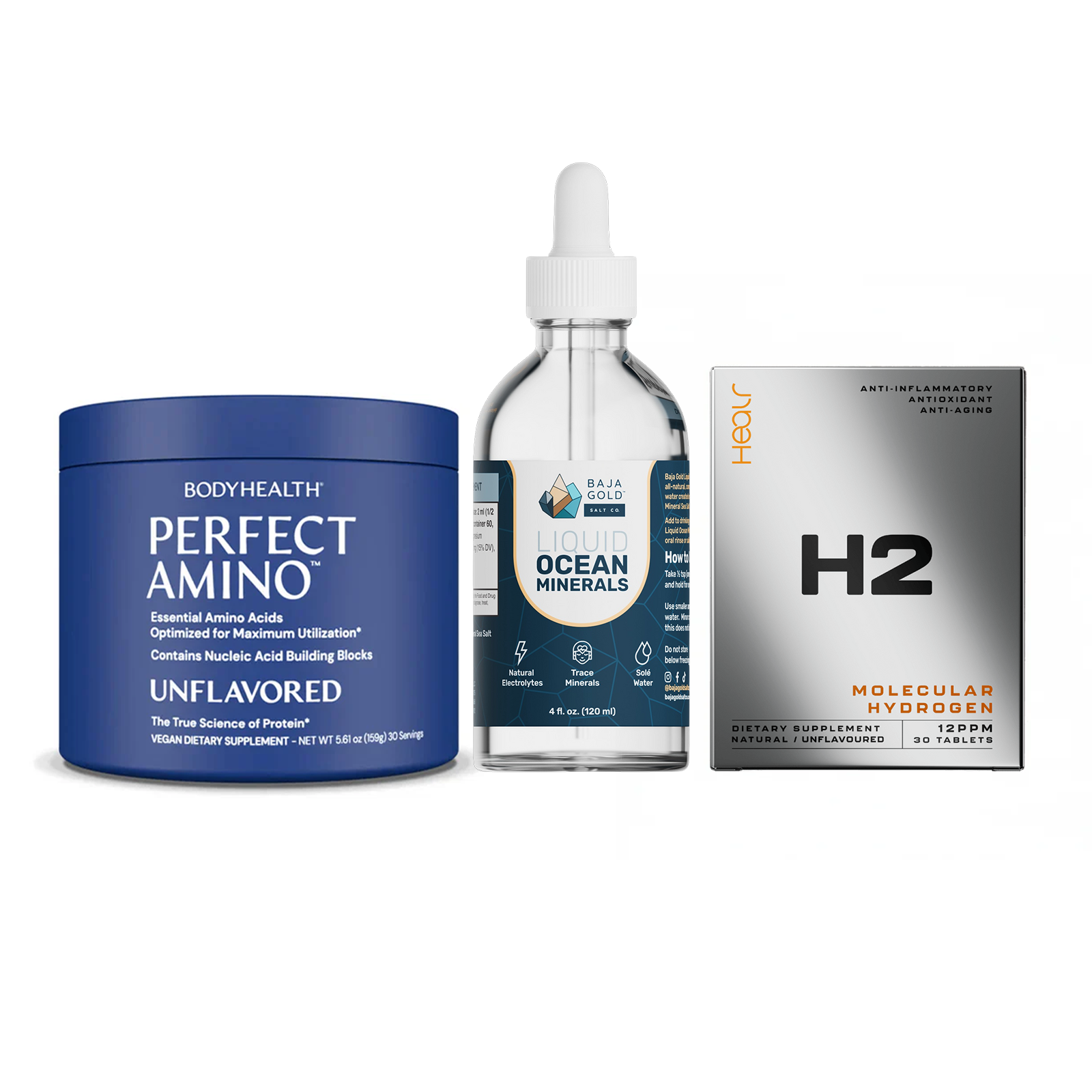 The Ultimate Stack – Perfect Amino® Powder, Liquid Minerals & H2 Tablets Unflavoured - Lightly Sweetened / 30 Servings / Unflavoured
