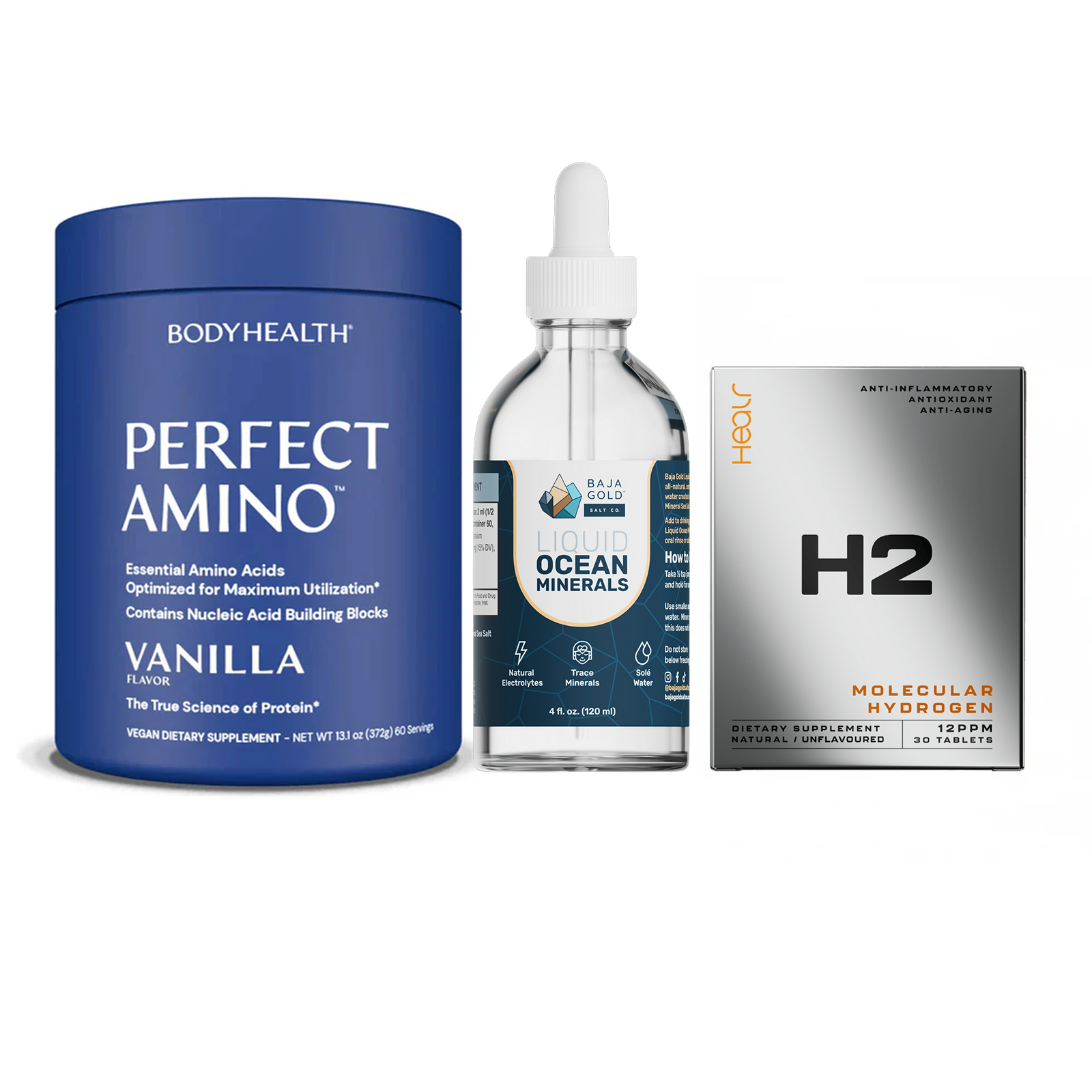 The Ultimate Stack – Perfect Amino® Powder, Liquid Minerals & H2 Tablets Vanilla / 60 Servings / Unflavoured